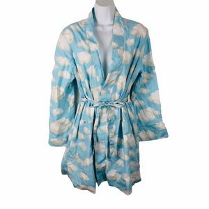 Nick & Nora Belted Robe Sz XS/S Sky Blue with Clouds Soft Cozy Lined